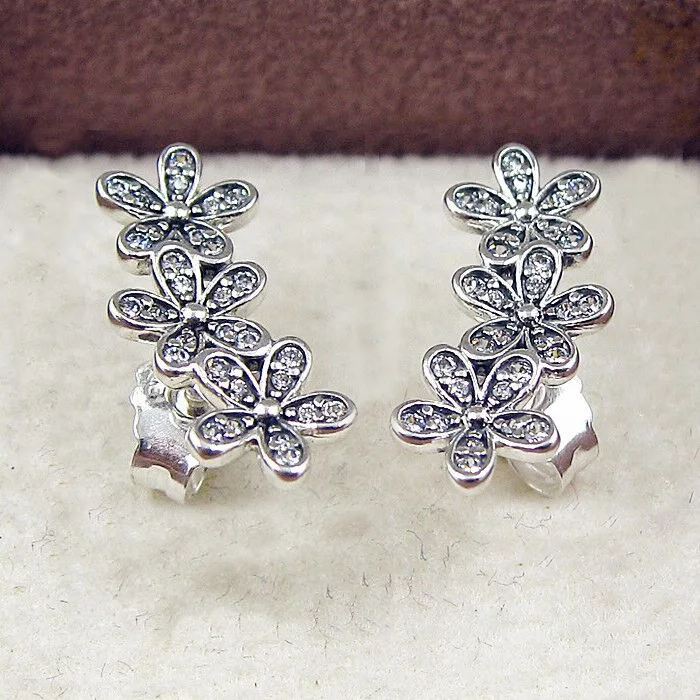 

New 925 Sterling Silver Earring Dazzling Daisy Clusters With Crystal Studs Earring For Women Wedding Gift fit Lady Jewelry