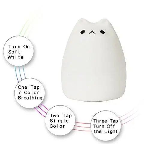 SuperNight Cute Cartoon Cat LED Night Light 7 Colors Silicone Rechargeable TapRemote Control Children Baby Bedside Table Lamp (20)