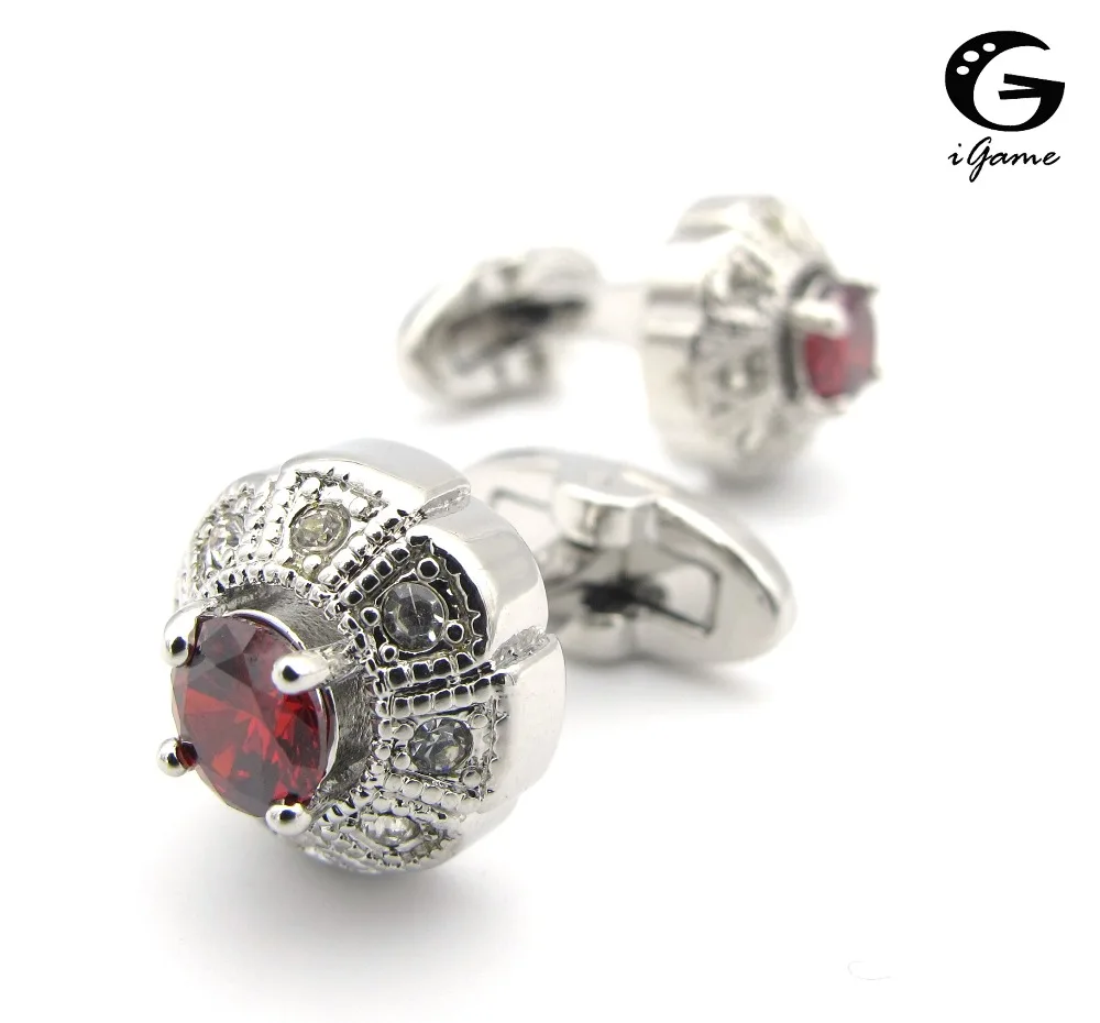 

iGame Men's Crystal Cuff Links Silver Color Brass Material Red Stone Design Shirt Cufflinks Free Shipping