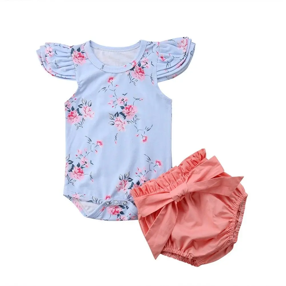 Princess Infant Baby Girl Florla Clothes Set Flying Sleeves Top Romper Shorts Pants Bow Outfit Summer Cute Baby Girl Clothing