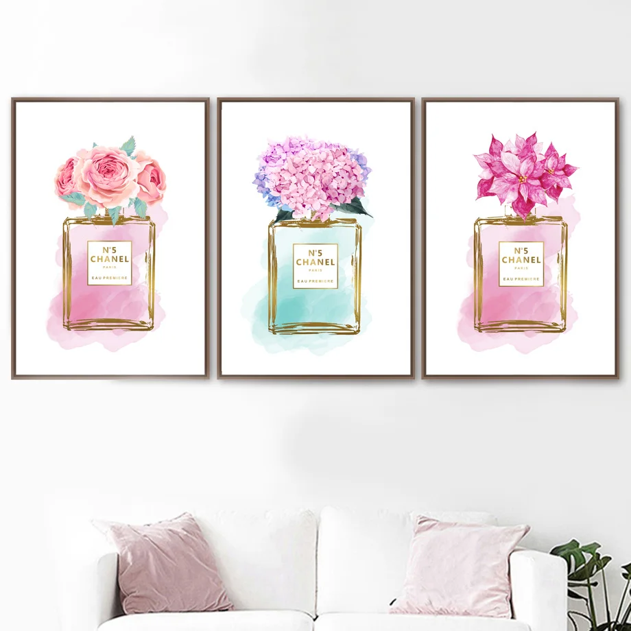 

Watercolor Cherry Peony Flower Perfume Wall Art Canvas Painting Nordic Posters And Prints Salon Wall Pictures For Bedroom Decor