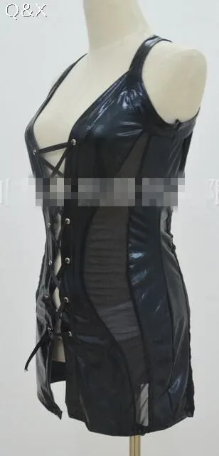 XX9,, однотонное черное кожаное белье, Fuax, кожаная Сексуальная эротическая одежда, прозрачное Сетчатое ДРАПИРОВАННОЕ Сексуальное белье, 2XL, сексуальный костюм с галстуком - Цвет: Черный