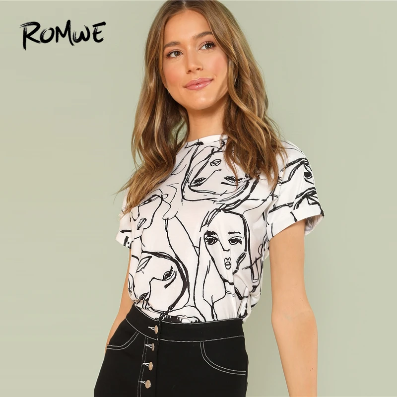 ROMWE Cartoon Print Tunic Top Casual Black And White Summer Short Sleeve Figure Women T-shirt Females Round Neck Tops