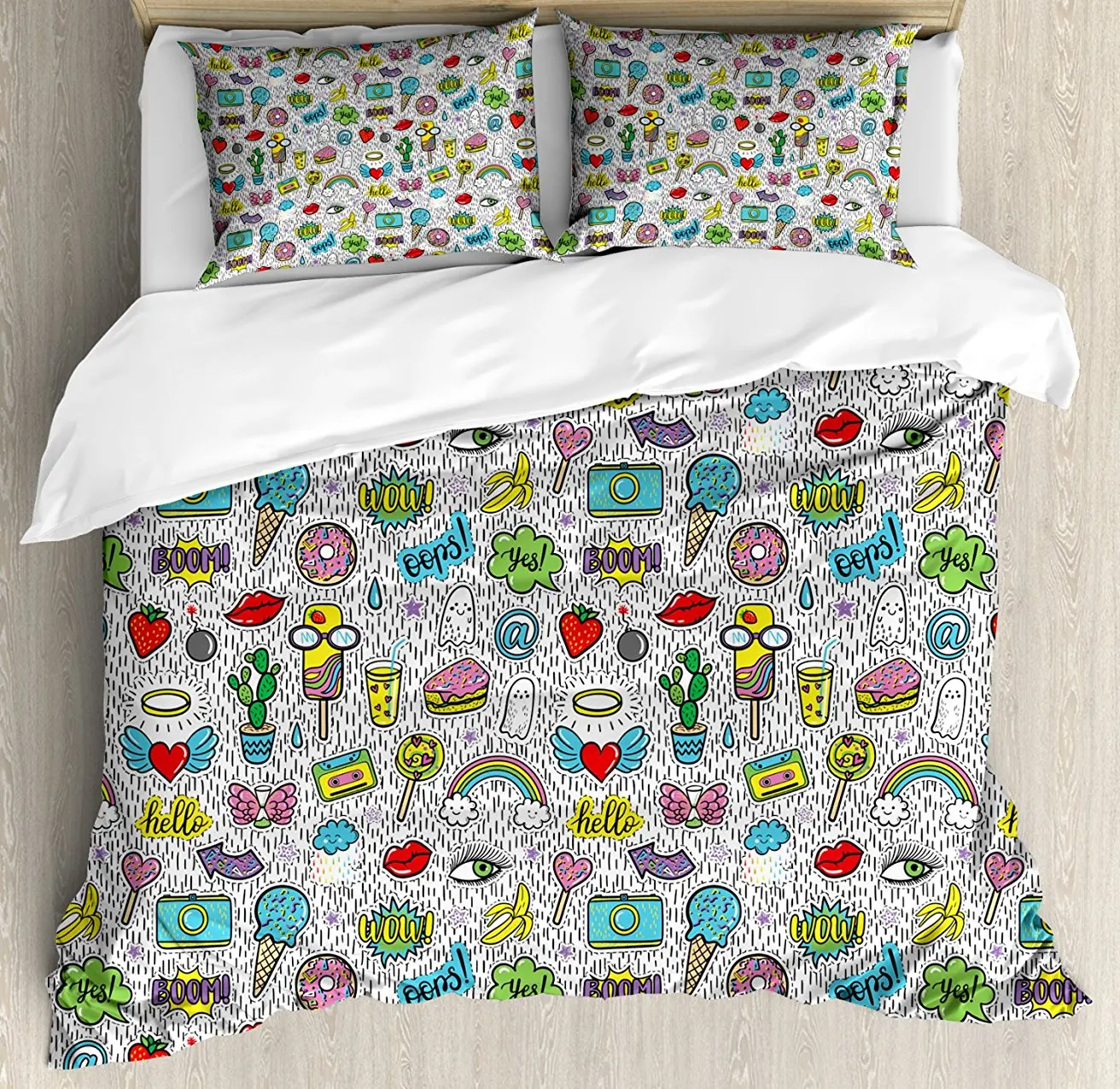 

Emoji Duvet Cover Set Pop Art Cartoon Style Eye Ice Cream Rainbow Donut Lip Heart Banana Ghost Decorative 4 Piece Bedding Set