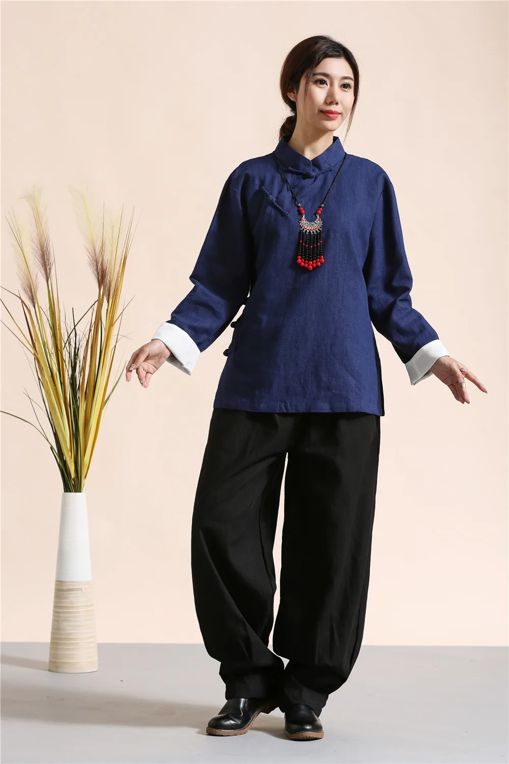 Весна и осень стиль Для женщин Сплошной Цвет хлопок белье ретро футболка вентиляция комфорт футболка китайский Стиль костюм d092