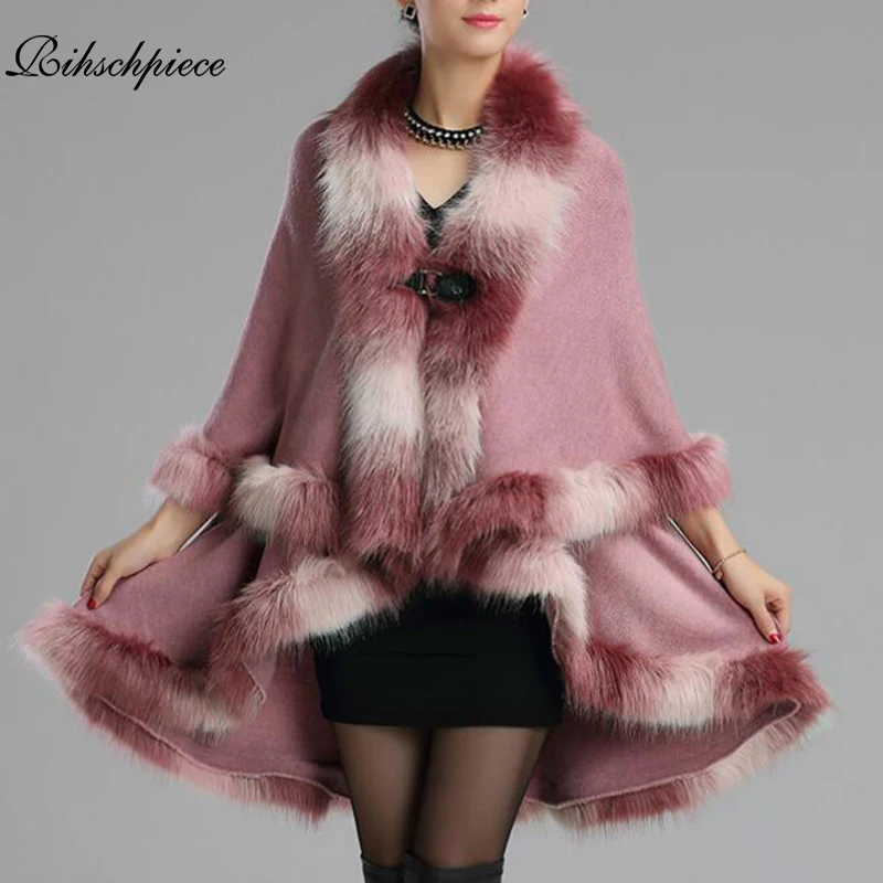Rihschpiece 2017 Winter Faux Fur Coat Poncho fur Collar