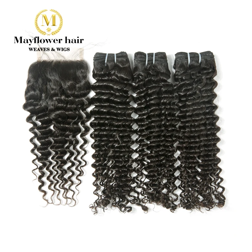 Mayflower 100% натуральная малазийские волосы глубокая волна 3 Связки с 4x4 "швейцарское кружево Закрытие 12-24" Смешанная Длина натуральный цвет