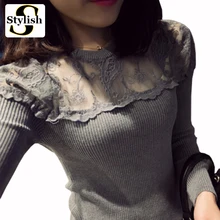 Long Sleeve Blouses Shirts Female Knitted Lace Blouse Women Blouses 2017 Autumn Winter New Fashion Perspective Lace Tops Blusas