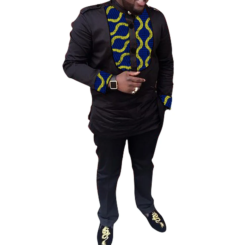 Африканская одежда с принтом Мужская рубашка+ брюки Топы с длинными рукавами черные с принтом мужские брюки наборы пэчворк дизайн свадебные наряды - Цвет: 3