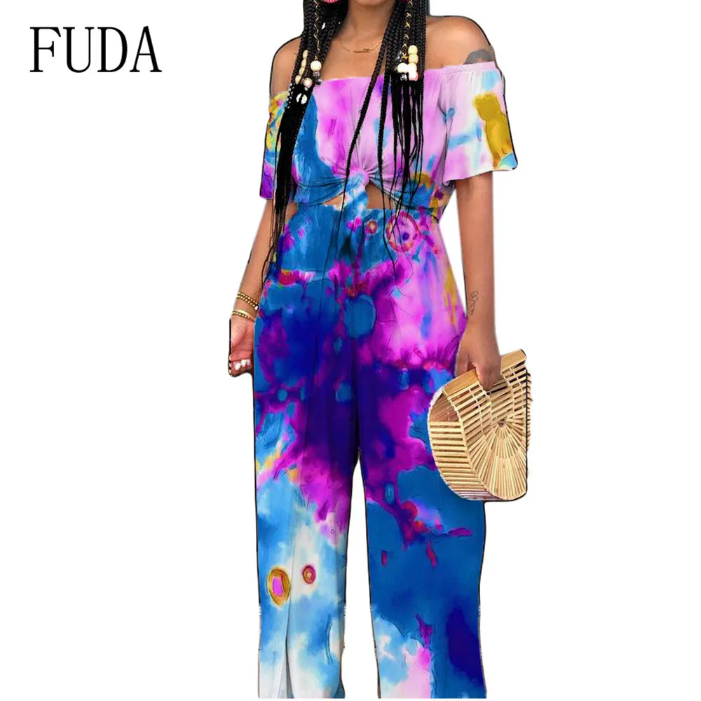 FUDA Tie-dye Printed Pants Sexy Fashion Pants Sets Elegant Off Shoulder Short Sleeve Casual Vintage Playsuits Women Rompers FUDA Tie-dye Printed Pants Sexy Fashion Pants Sets Elegant Off Shoulder Short Sleeve Casual Vintage Playsuits Women Rompers
