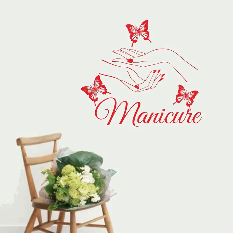 

High Quality Girls Beauty Salon Wall Decal Nails Salon Vinyl Stickers Manicure Fashion Design Hands Butterflies Decor DIY BS16