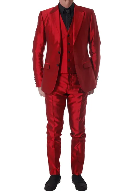 Latest Coat Pant Designs Red Satin Men Suit Prom Tuxedo Slim Fit 3 ...