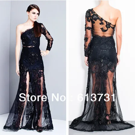 2014 New Arrival Unique One Shoulder Long Sleeve Black Lace Sheer Evening Dresses Women With Beadings TA789 | Свадьбы и торжества