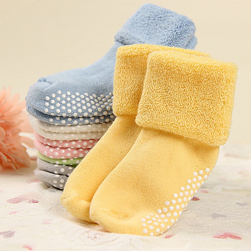 6 пар, толстые хлопковые носки унисекс для малышей с захватами, носки для новорожденных мальчиков и девочек на зиму