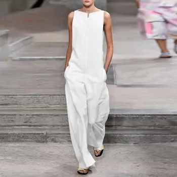 

Fashion 2019 Women Jumpsuit Off Shoulder Sexy Jumpsuit Pockets Summer White Romper Solid Wide Leg Beach Casual Overalls
