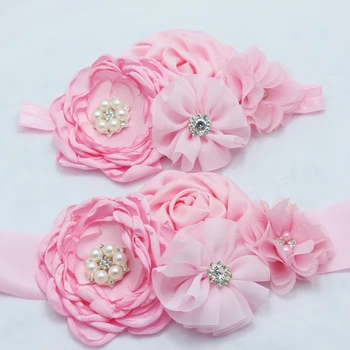 

Girl set satin ribbon rosettes flower headband pearl flower sash Belt bridesmaid chiffon Flower sash belt hair accessories