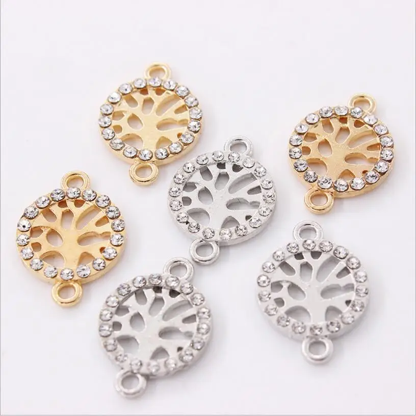 

10pcs Delicate Micro Pave Rhinestone Crystal Life Tree Charms Bracelet Connectors Clasp for DIY Handmade Jewelry Making 14x20mm