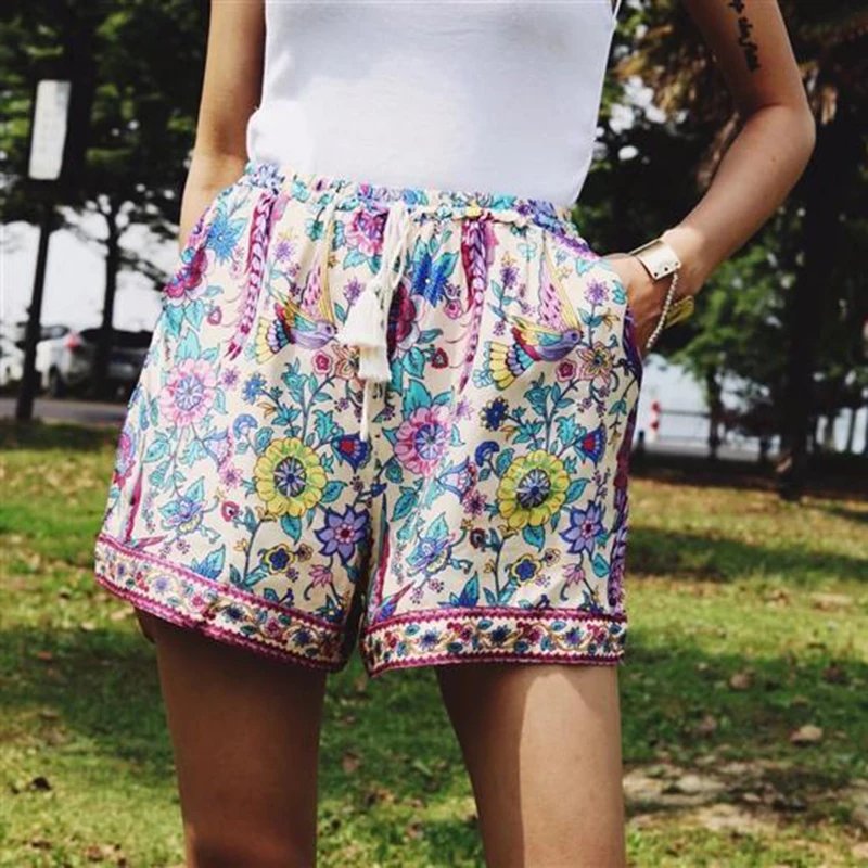 Khale Yose verano 2018 Mujer cortos holgados Boho Hippie Floral alta cintura Mini corto gitano marca playa señoras corto|Pantalones cortos| - AliExpress