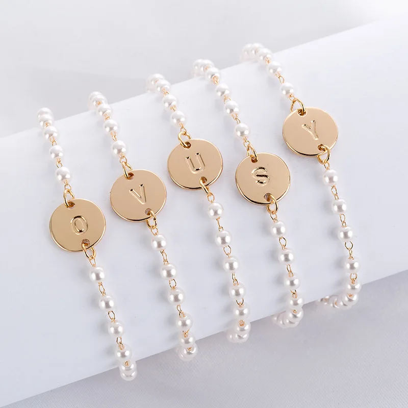 26 Letter White Beads Bracelet& Bangle for Woman Trendy Rose White Gold Color Bracelets Girls Fashion Jewelry KAH046