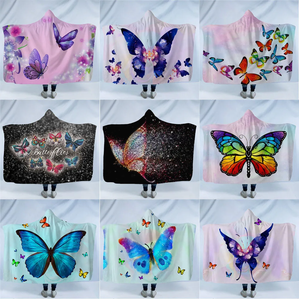 

Butterflies Hooded Blanket For Home Travel Picnic 3D Printed Plush Portable Blankets Wearable Warm Throw Blanket For Adults Kids