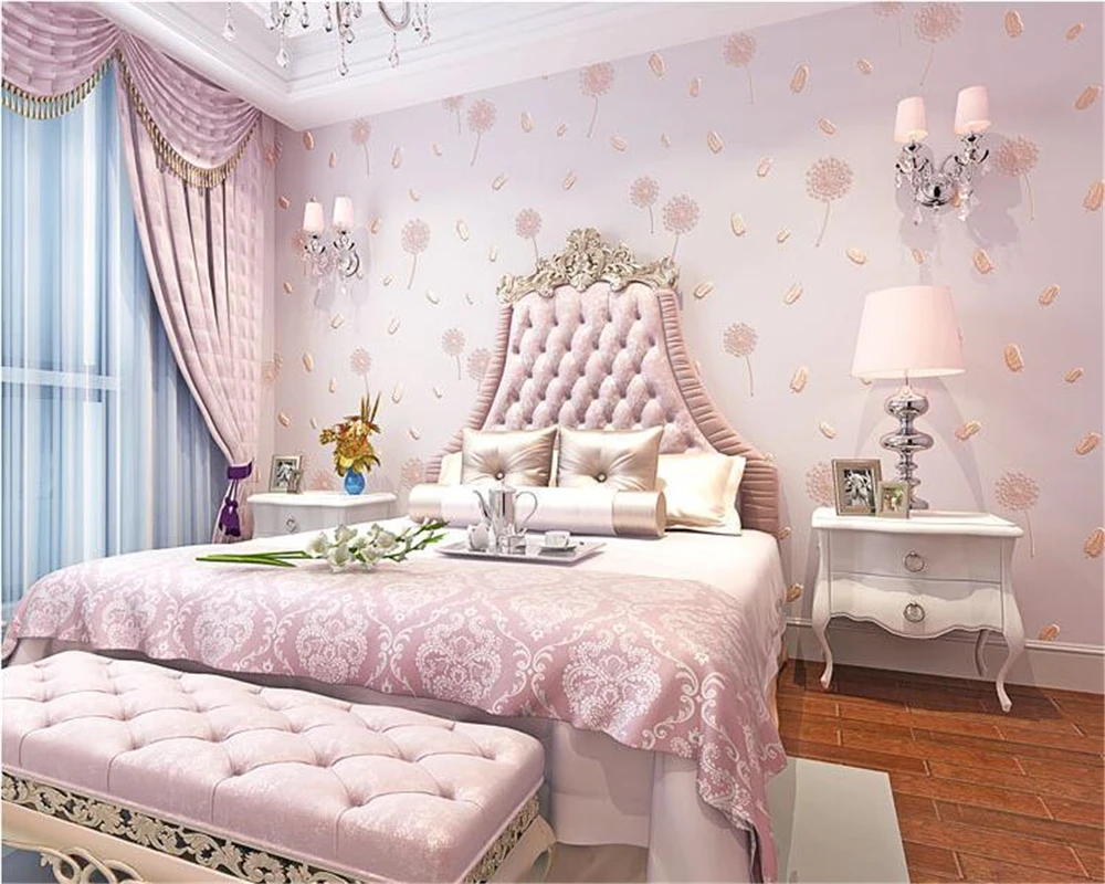 beibehang compact embossing pink dandelion feather bedroom 3d wallpaper fresh pastoral nonwoven children's room wall paper