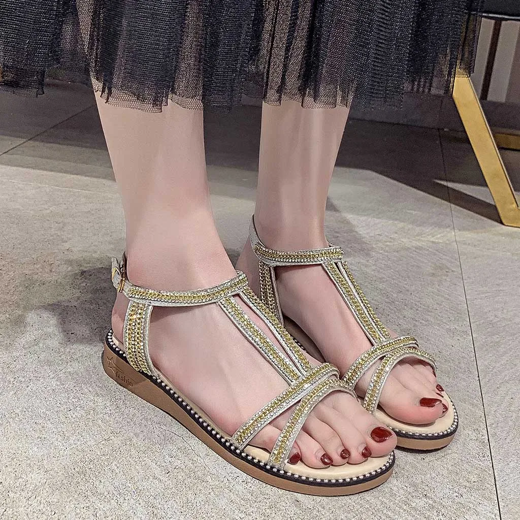 

Female Leisure Fashion Flat Sandals 2019 Summer Flower Rhinestone Gladiator Sandals Women Peep Toe Lady Shoes#G4