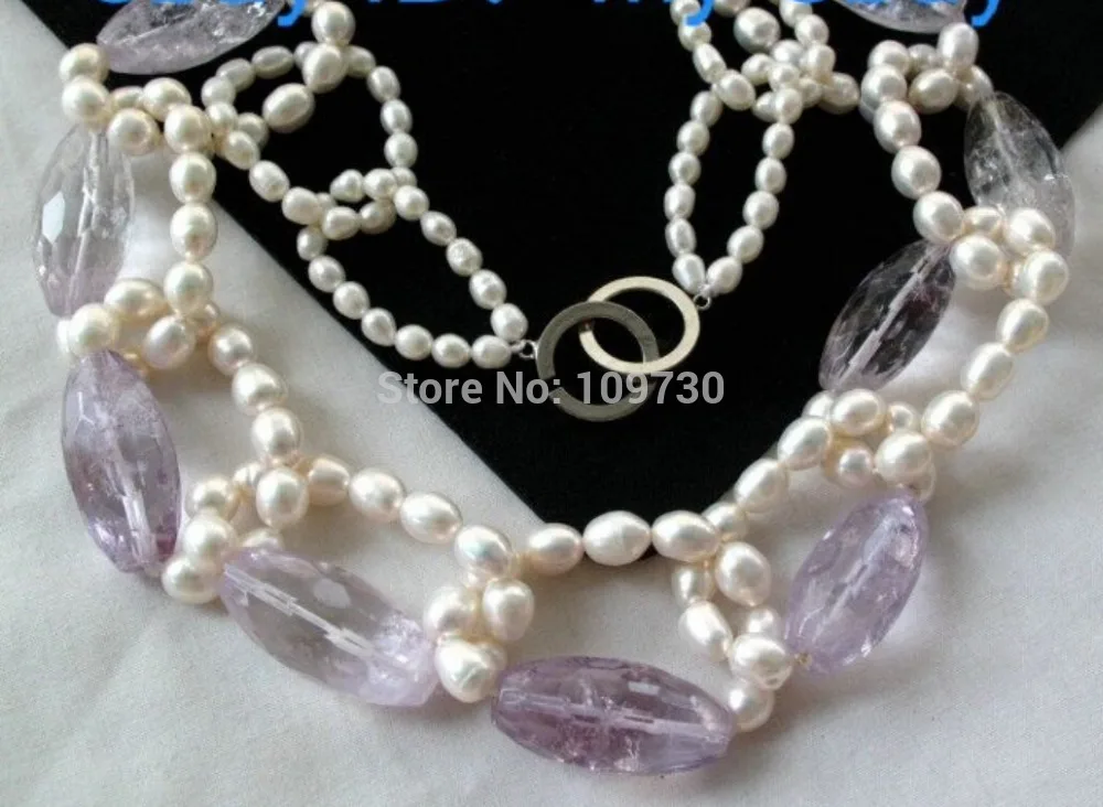 

Jewelr 003005 Natural White Rainbow Rice Freshwater Pearl&Amethyst Necklace