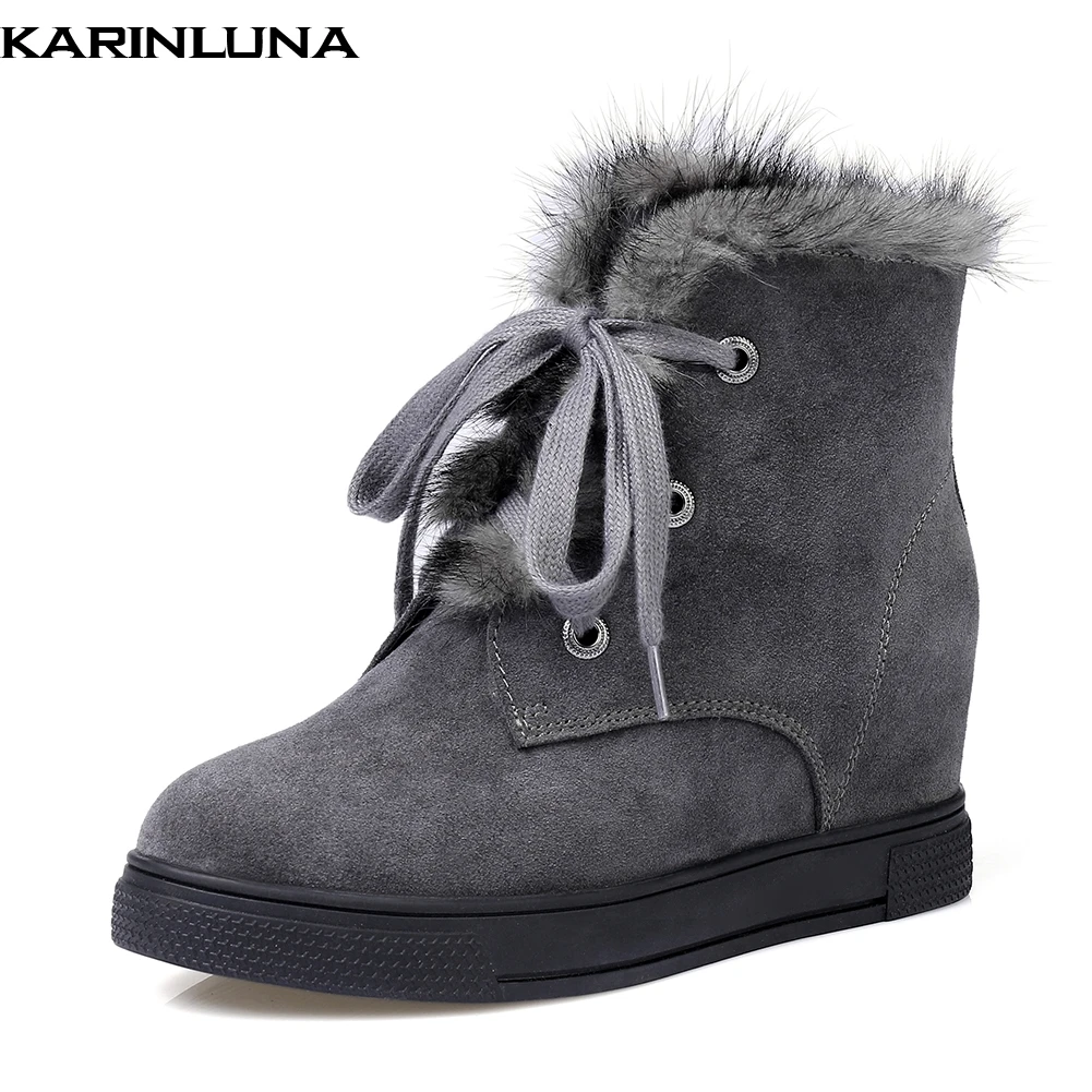 

Karinluna 2019 new cow suede leather inner high heels Boots Women Shoes comfortbale winter fur Woman ankle Boots