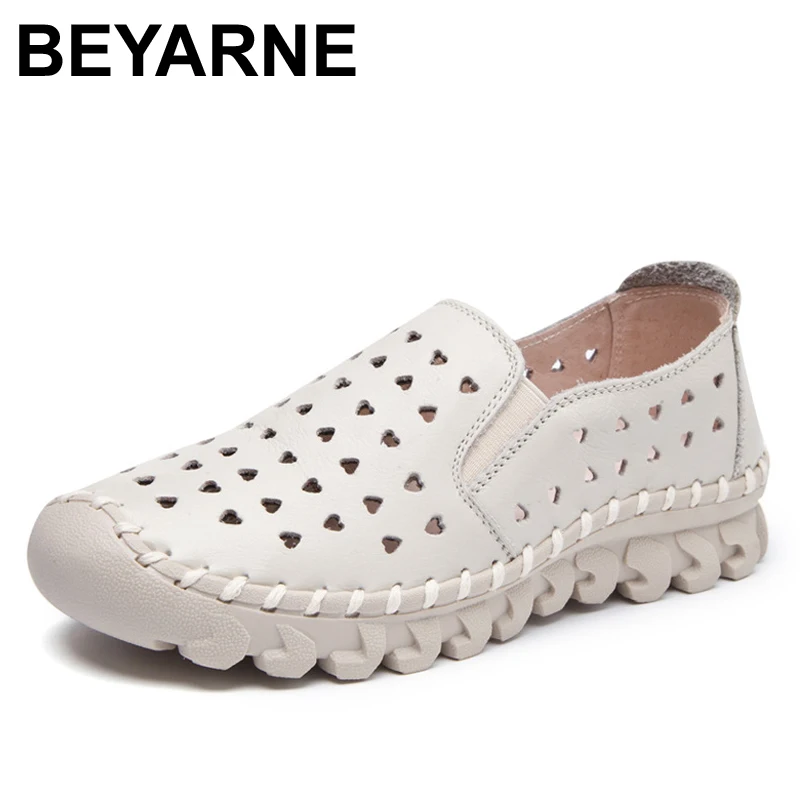 

BEYARNE spring and summer new genuine leather shoes women trend wild hollow shoes comfortable soft bottom hole womens flat shoes