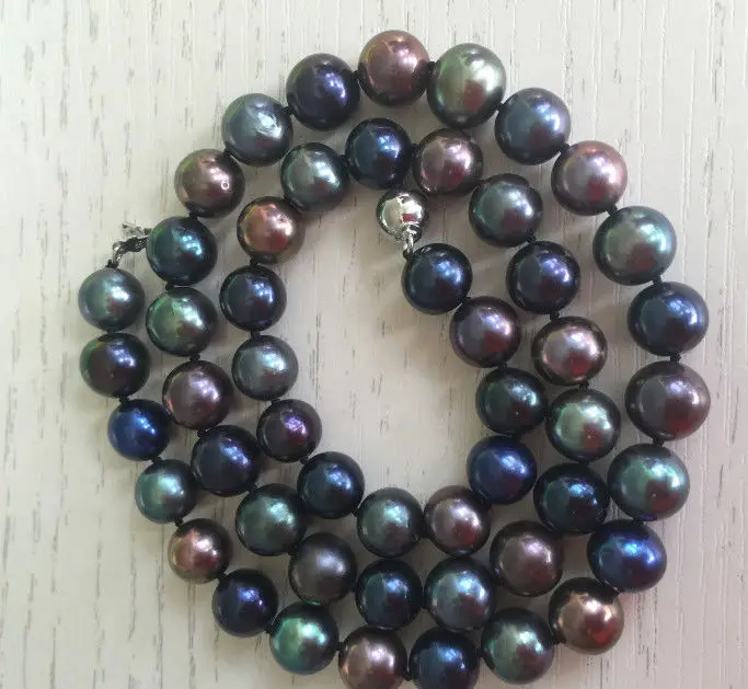 

11-12mm natural tahitian multicolor black green red pearl necklace 18inch 925s