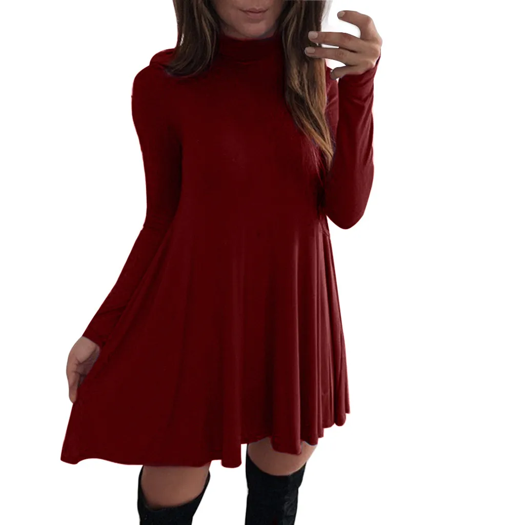 

CHAMSGEND Women Dress Fashion Women's Long Sleeve Turtleneck Mini Dresses Solid Casual Underdress Elegant Flared Dress De27