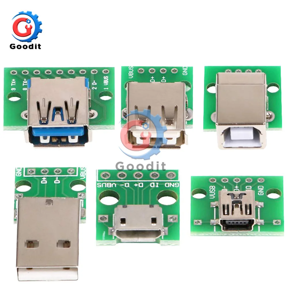 Micro Mini USB A Male USB 2,0 3,0 A Female USB B разъем интерфейс для 2,54 мм DIP PCB конвертер адаптер Breakout Board