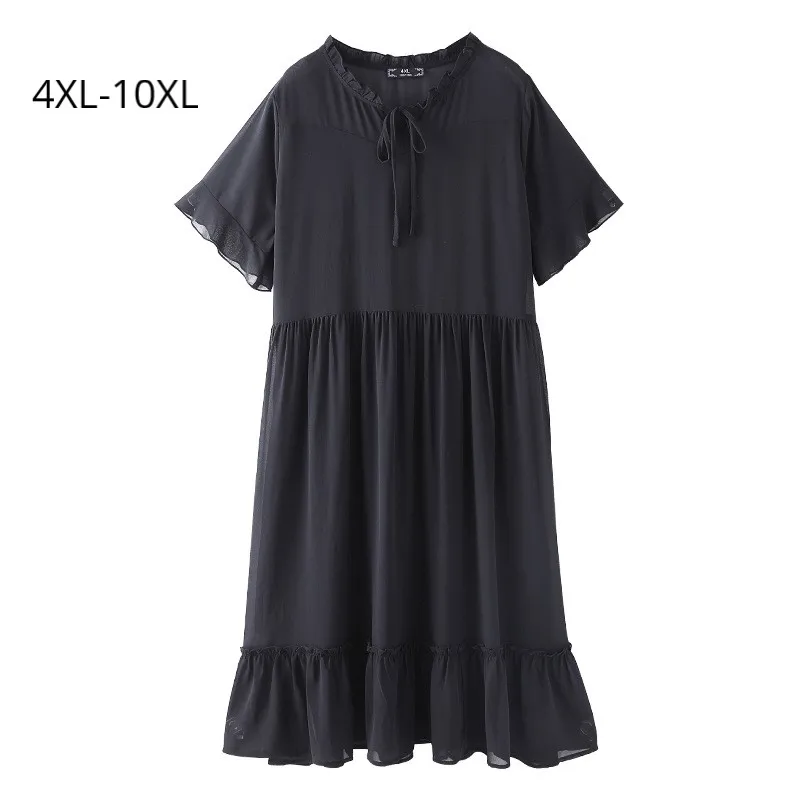 

Fashion Women Short Sleeve Summer Dress Black Chiffon Flare Short Sleeves Chic Woman Clothing Plus Size 10XL Loose Solid Dresses