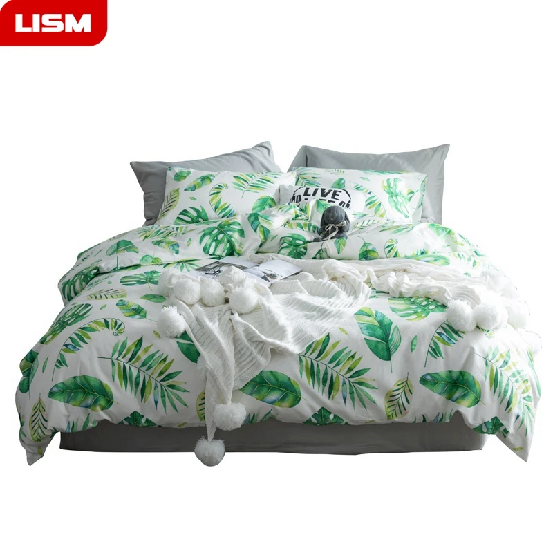

LISM Fresh Green Leaves Reactive printing process Bedding Set Cotton Duvet Cover pillowcase Fitted Sheet Twin Queen Size Bedlin