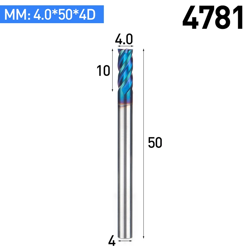 HUHAO 1 шт. HRC63 нано-синее покрытие Вольфрамовая сталь спиральный Фрезерный резак сплав фрезы ЧПУ Инструмент 4 флейты Концевая мельница для металла - Длина режущей кромки: 4781