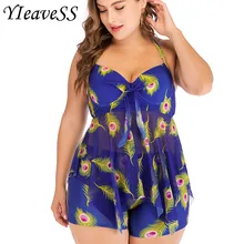 Новинка, танкини больших размеров, комплект, женская одежда для плавания, комплект из двух предметов, с принтом перьев, с лямкой на шее, купальный костюм, купальный костюм, плавки