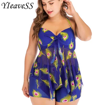 

2019 New Plus Size Tankini set Women Swimwear Two Piece Print Feather Halter Swimsuit Swimming Dress Bathing Suit Swim Trunks