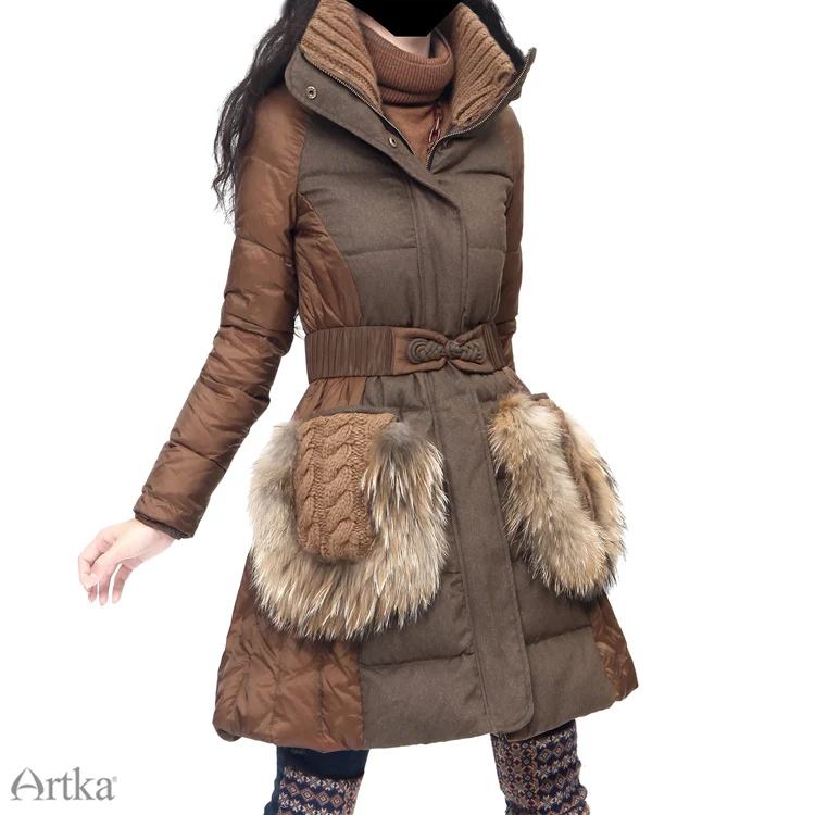 Artka женская ретро зимная одежда отложным воротником с длинными рукавами 90% утиный пух лоскутный коричневый высококачественный элегантный удобный длиный пуховик CK16230D