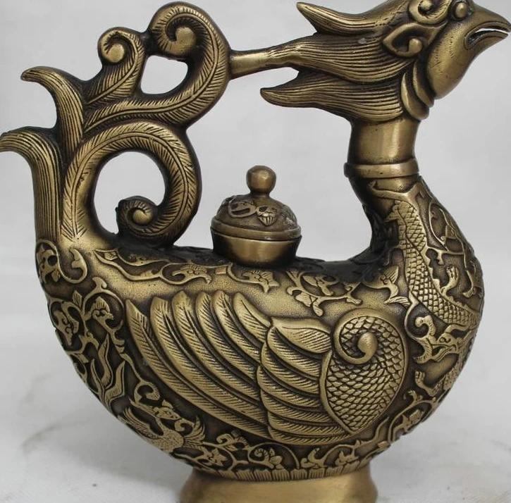 

8"China Chinese Folk Bronze Lucky Dragon phoenix kettle wine pot Flagon stoup