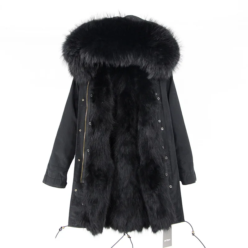 OFTBUY, Длинная зимняя куртка, женская верхняя одежда, толстые парки, енот, натуральный мех, воротник, пальто с капюшоном, настоящая теплая подкладка из лисьего меха - Цвет: black black