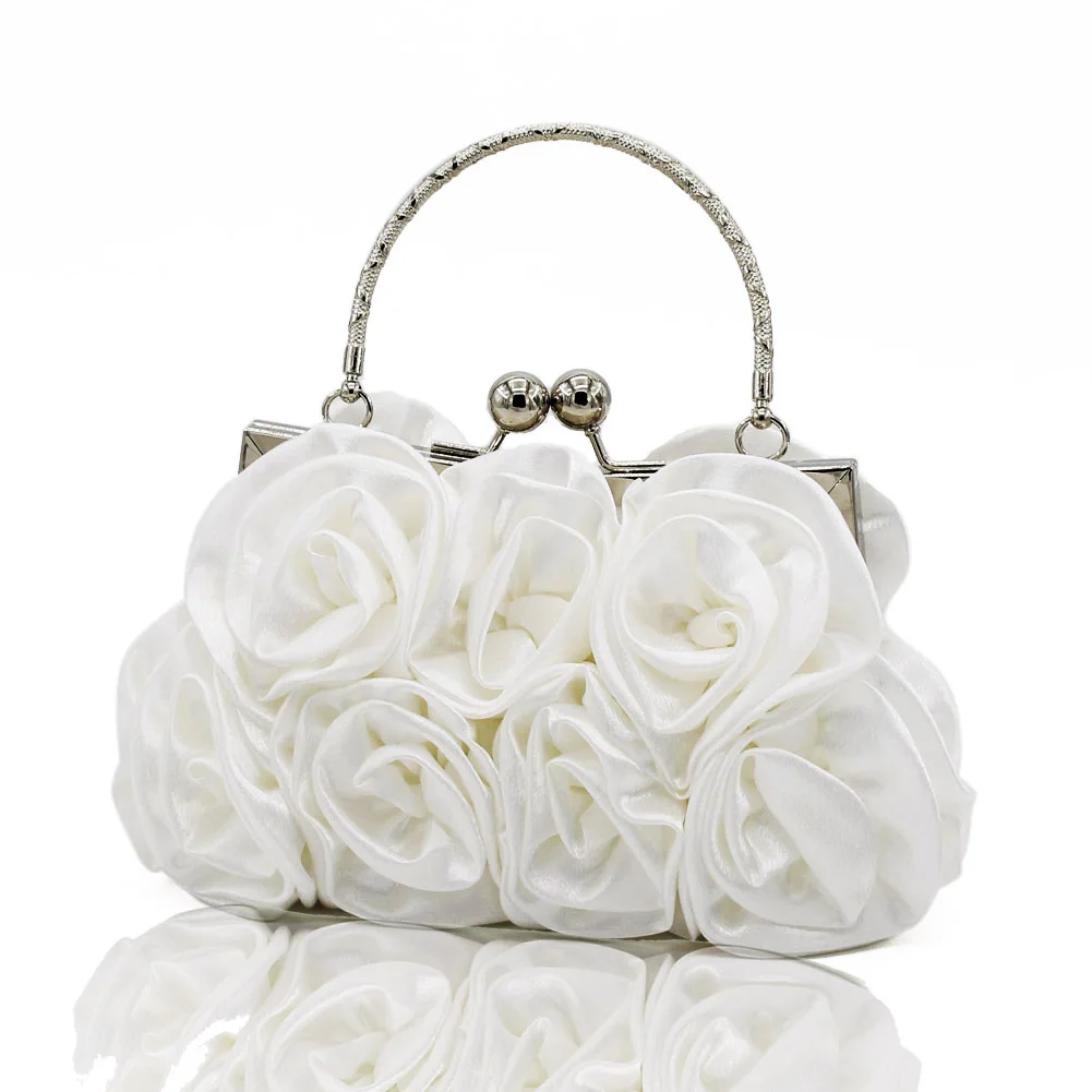 Elegant Women Satin Rhinestone Handbag Small Evening Bags Rose Floral