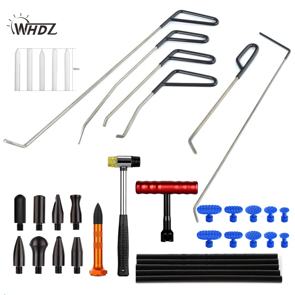 

25pcs PDR Push Rods Auto Body Tools Dent removel T-bar slide hammer + 18 pcs Puller tabs Paintless Dent Repair Kits