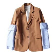 2019 Patchwork Blazer Jacket Streetwear Detachable Striped Sleeve Single Breasted Women Blazer feminino Lady Notched Blaser 2019 Patchwork Blazer Jacket Streetwear Detachable Striped Sleeve Single Breasted Women Blazer feminino Lady Notched Blaser