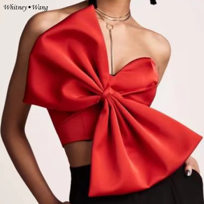 

WHITNEY WANG 2018 Summer Fashion Streetwear Sexy Strapless Big Bow Blouse Women blusas Shirt Crop Tops