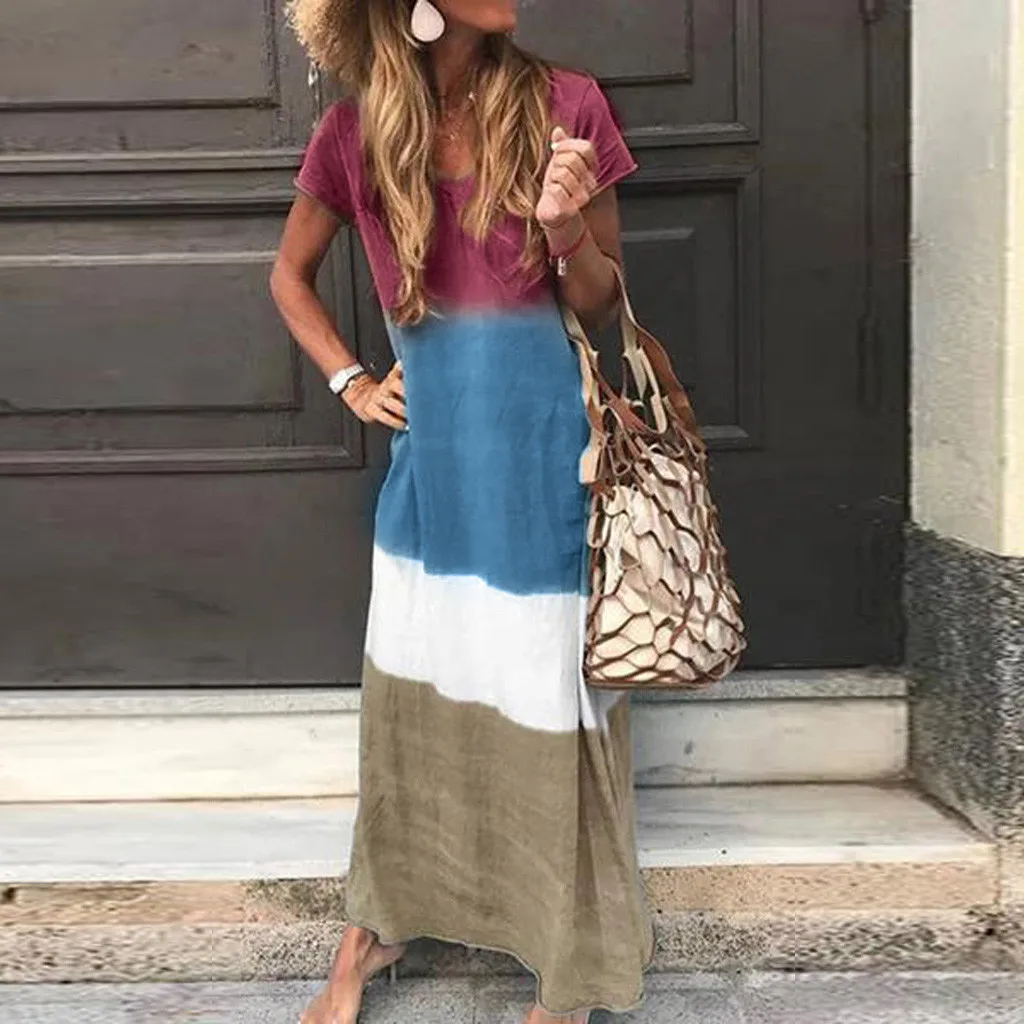 

JAYCOSIN Women Gradient Print Color Block Patchwork Loose V Neck Dress Short Sleeve Long Maxi Loose Dress vestidos dropshipping