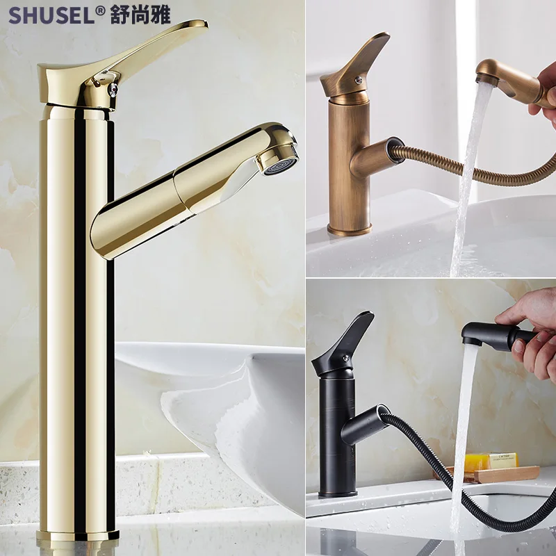 

Antique Pull Out Basin Faucet Brass Polished Gold Kitchen Faucet Black Finish Single Handle Hole Deck Mount Mixer Water Taps