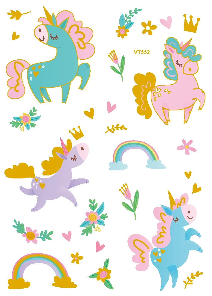 

Rocooart Cartoon Children's Metallic Gold Body Temporary Flash Tattoos Unicorn Designs For Kids Glitter Tattoo Rainbow Stickers