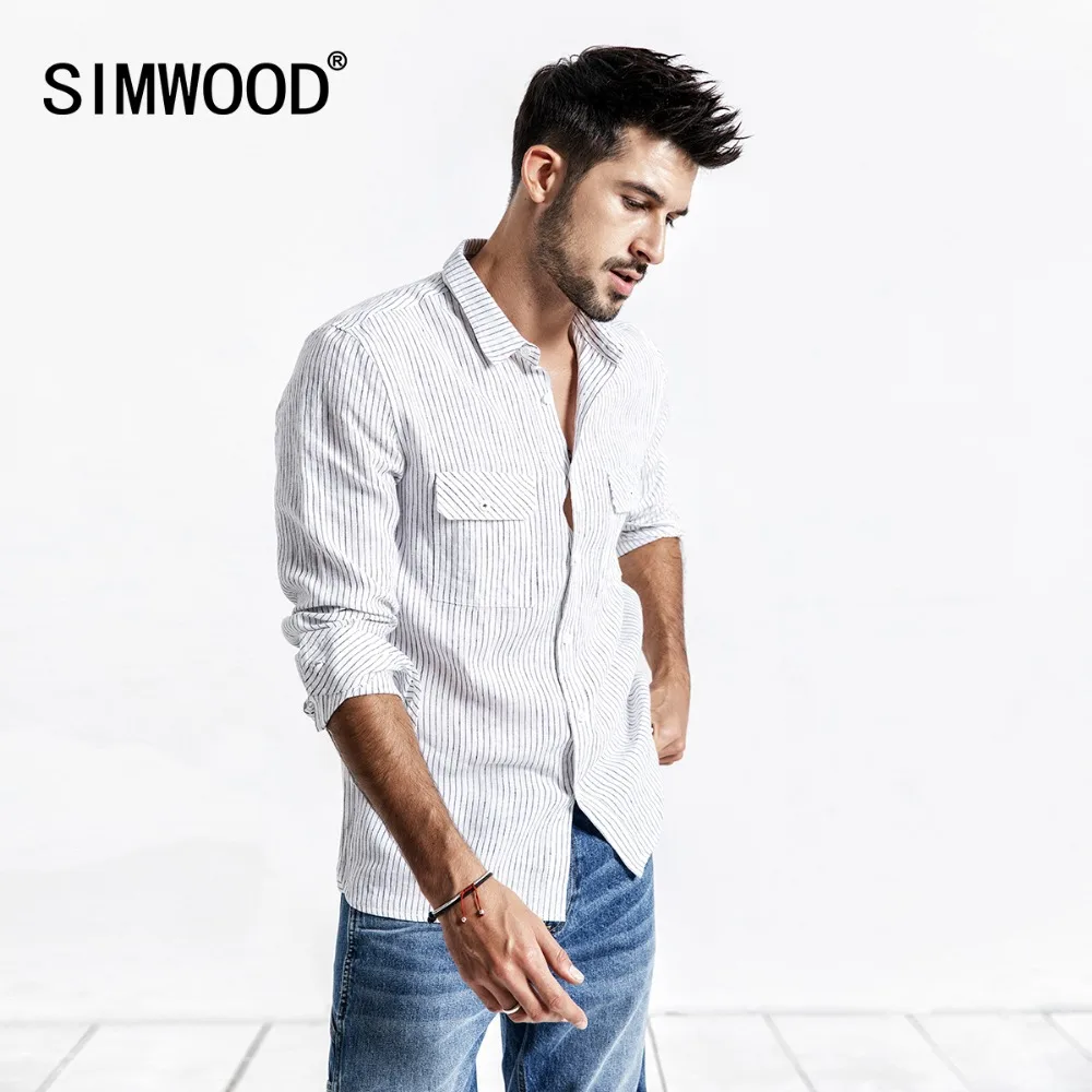 

SIMWOOD 2019 Summer Men Shirt Casual Striped Shirt 100% Linen Long Sleeve Shirts Slim Brand Clothing Free Shipping 190173