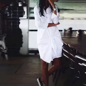 

Casual Summer White Turn-Down Collar Long Sleeve Loose Blouse Solid New Fashion Lace Up Women Top