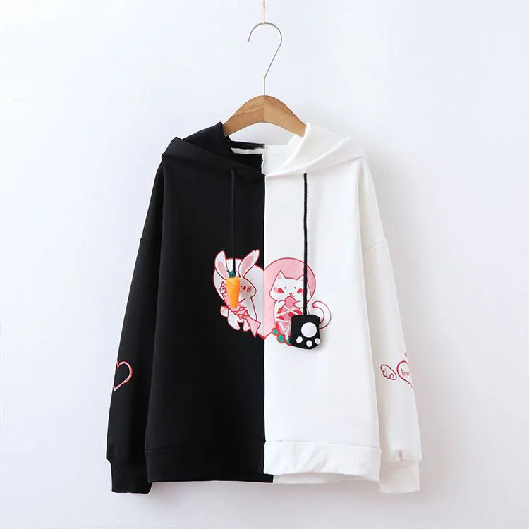 Женская толстовка с капюшоном Kawaii Harajuku для девочек, студенческий Повседневный пуловер с капюшоном, спортивная одежда для девочек - Цвет: Черный